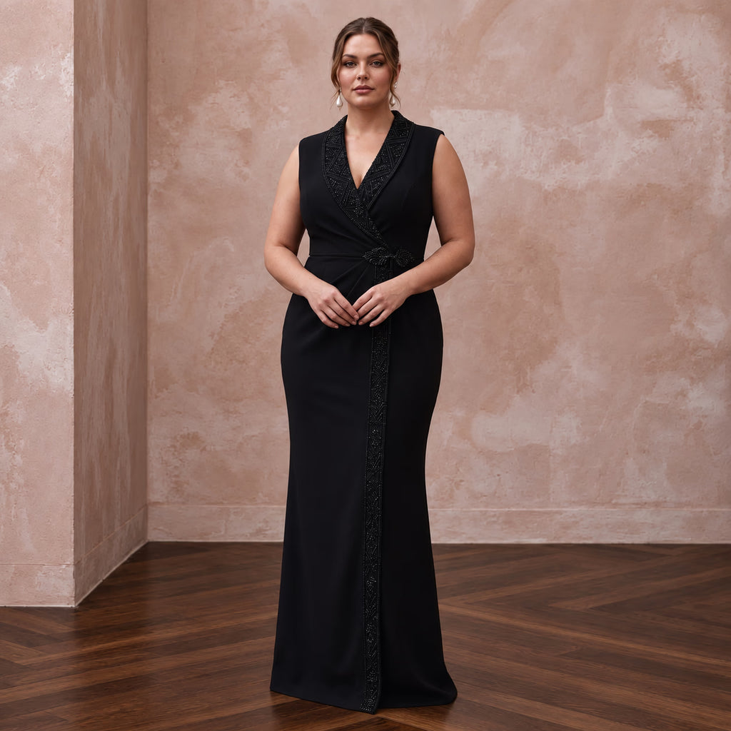 Plus Size Black Stretch Crepe Tailored Tuxedo Wrap Dress