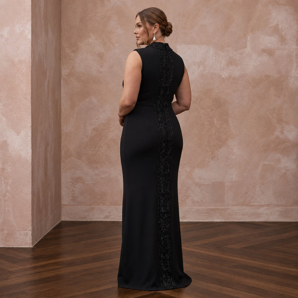Plus Size Black Stretch Crepe Tailored Tuxedo Wrap Dress