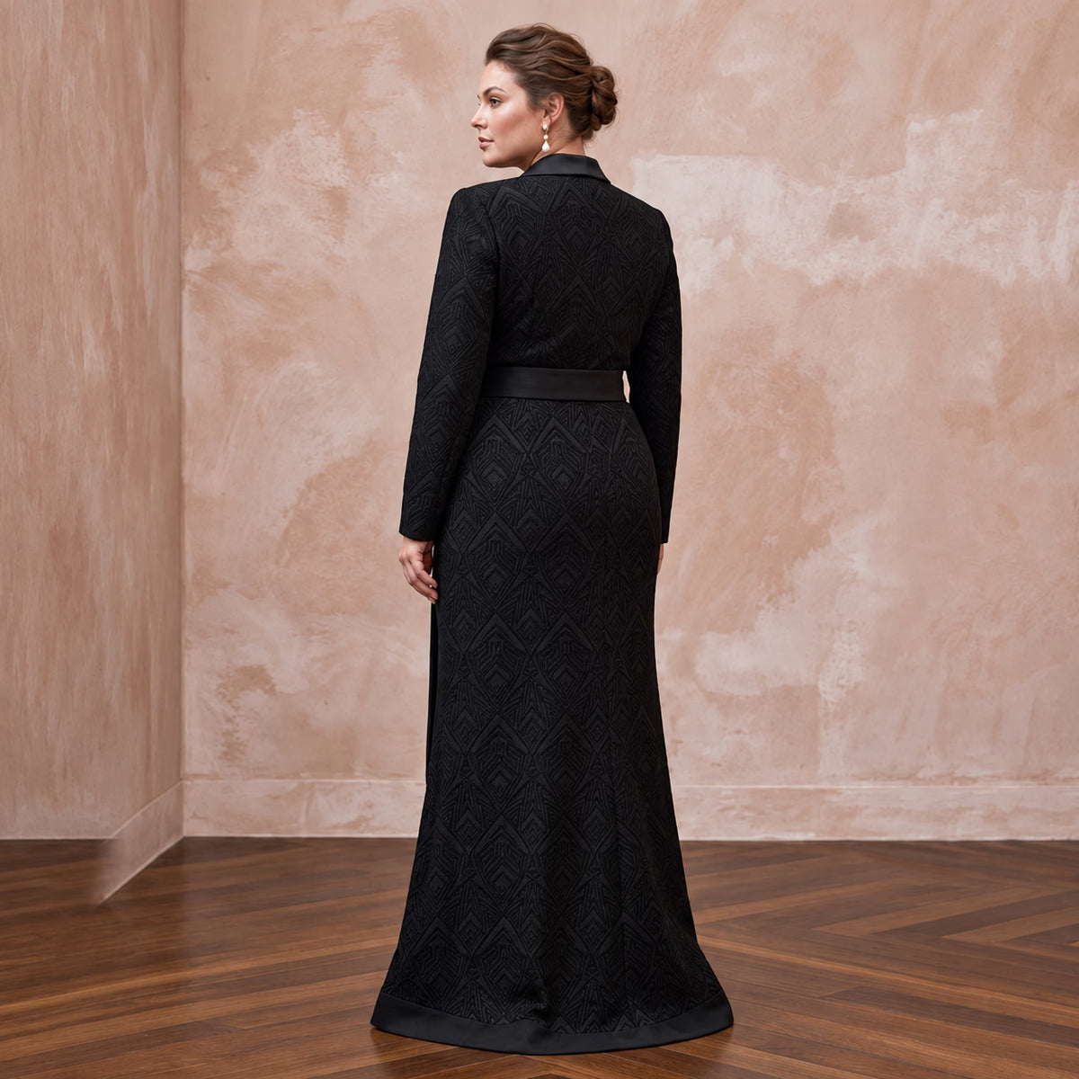 Plus Size Black Stretch Crepe Tailored Tuxedo Wrap Dress