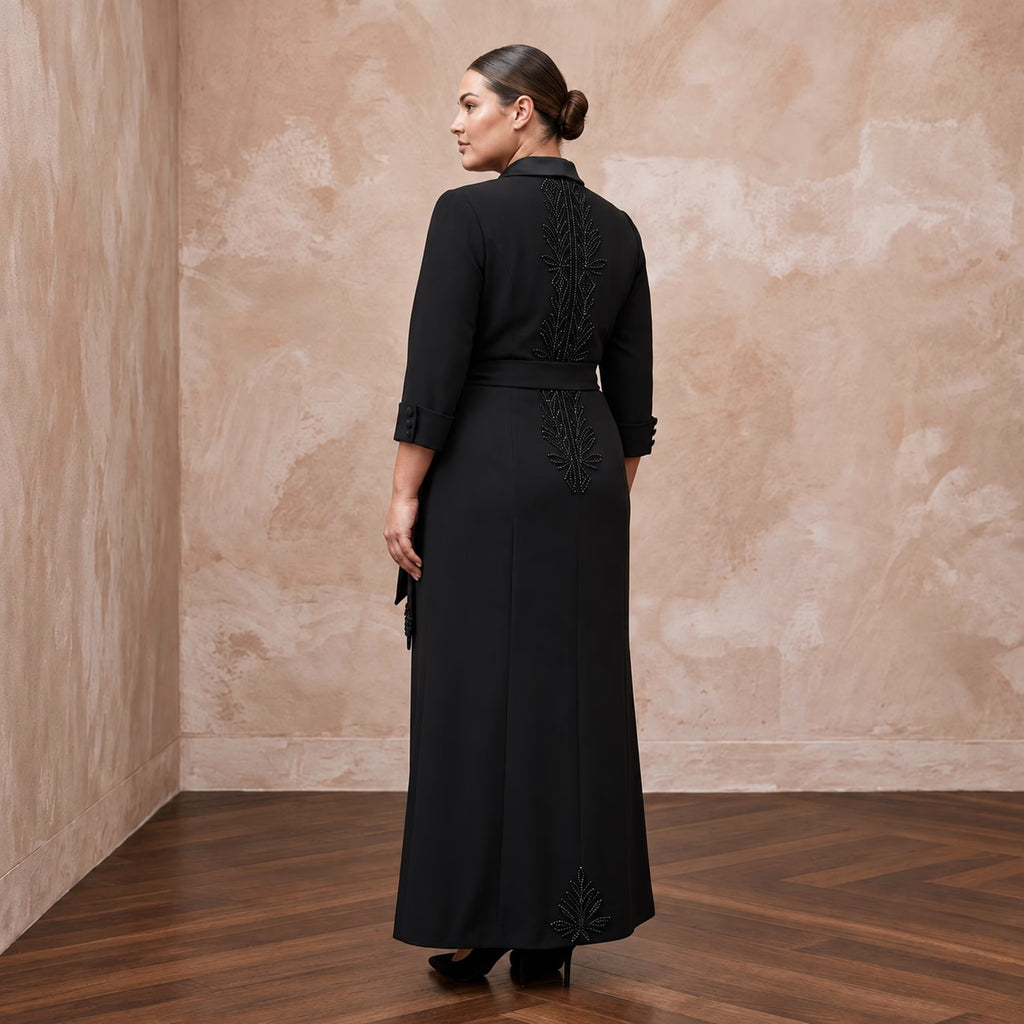 Plus Size Black Stretch Crepe Tailored Tuxedo Wrap Dress