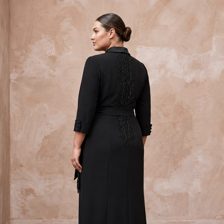 Plus Size Black Stretch Crepe Tailored Tuxedo Wrap Dress