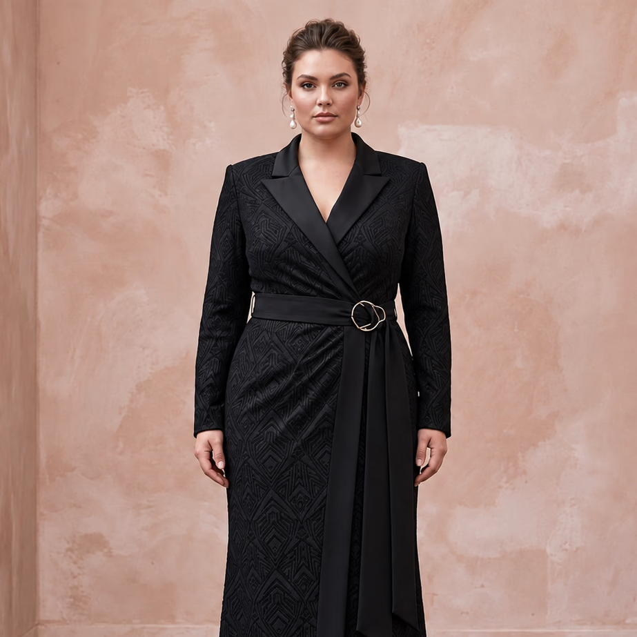 Plus Size Black Stretch Crepe Tailored Tuxedo Wrap Dress