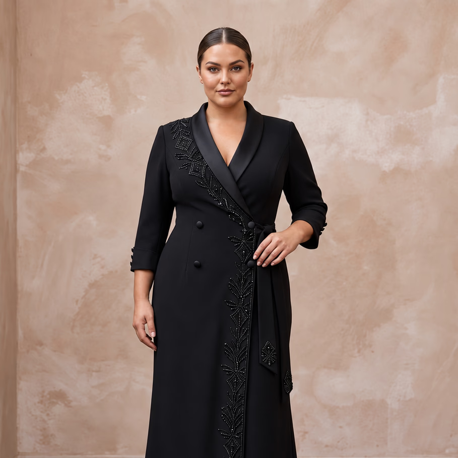 Plus Size Black Stretch Crepe Tailored Tuxedo Wrap Dress