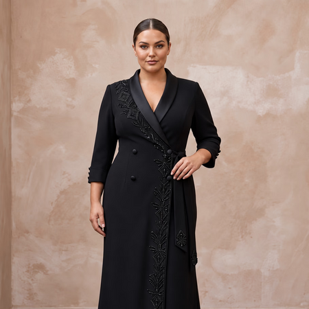 Plus Size Black Stretch Crepe Tailored Tuxedo Wrap Dress