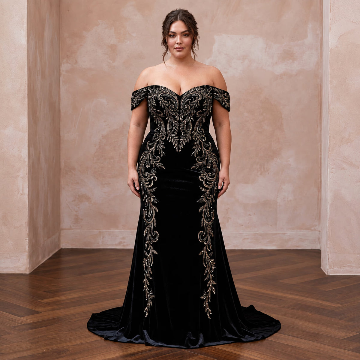 Plus Size Black Velvet Off-the-Shoulder Sweetheart Evening Gown