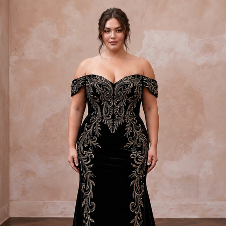 Plus Size Black Velvet Off-the-Shoulder Sweetheart Evening Gown