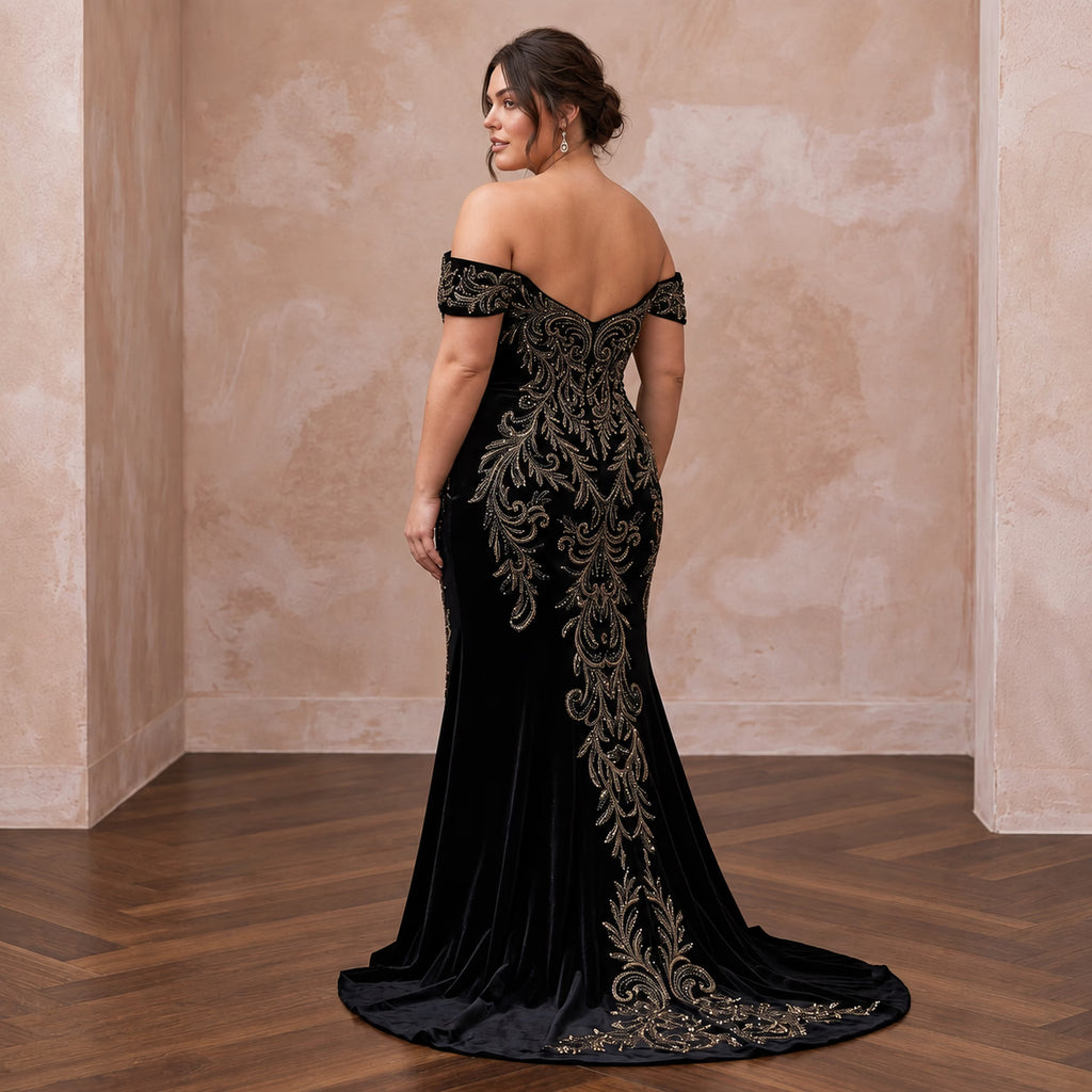 Plus Size Black Velvet Off-the-Shoulder Sweetheart Evening Gown
