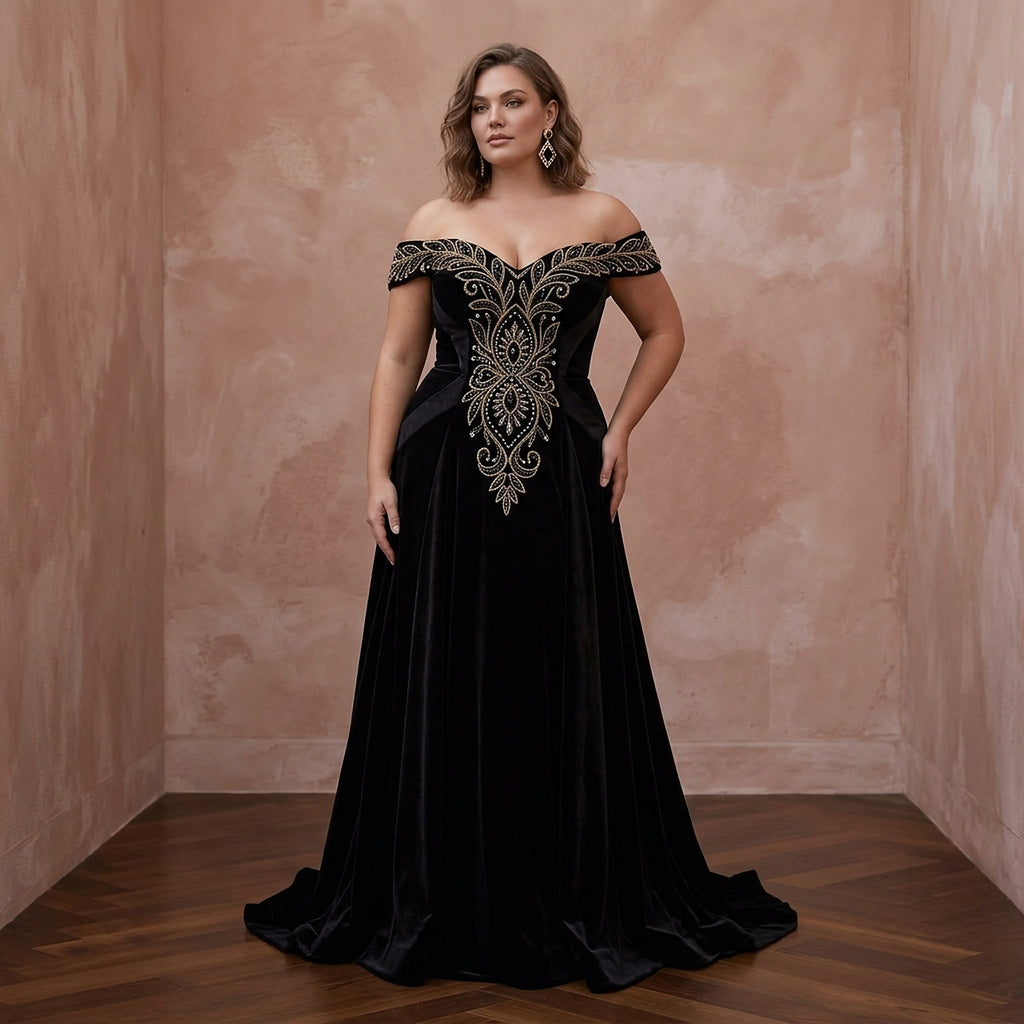 Plus Size Black Velvet Off-the-Shoulder Sweetheart Gown