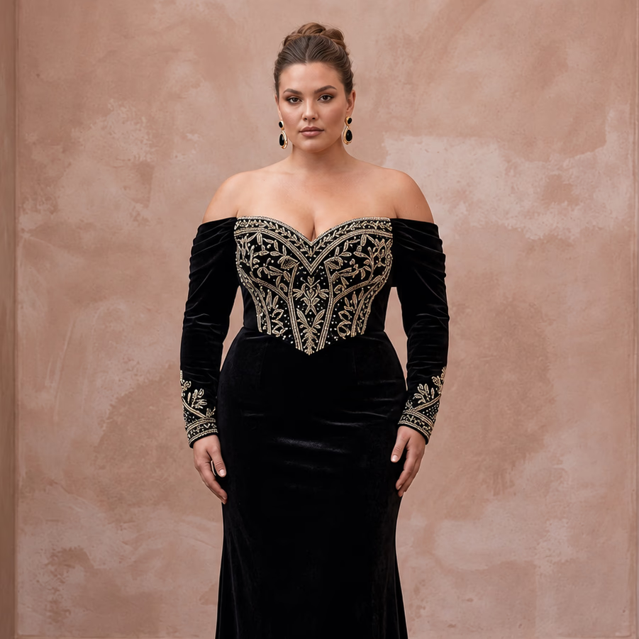 Plus Size Black Velvet Off-the-Shoulder Sweetheart Gown