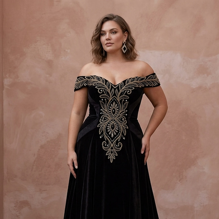 Plus Size Black Velvet Off-the-Shoulder Sweetheart Gown