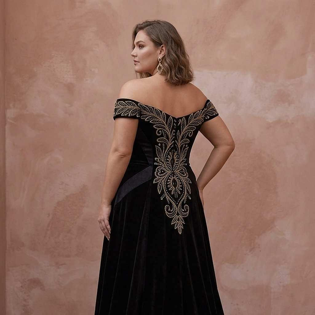 Plus Size Black Velvet Off-the-Shoulder Sweetheart Gown