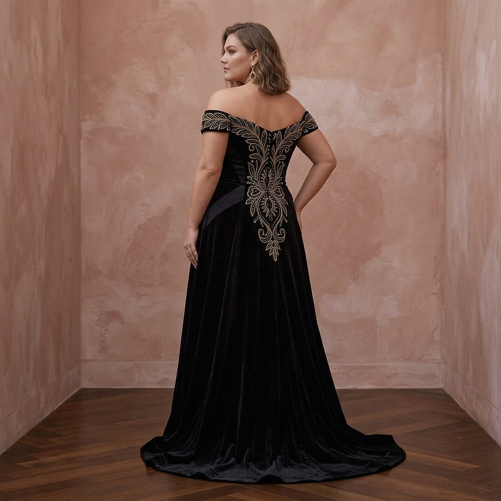 Plus Size Black Velvet Off-the-Shoulder Sweetheart Gown