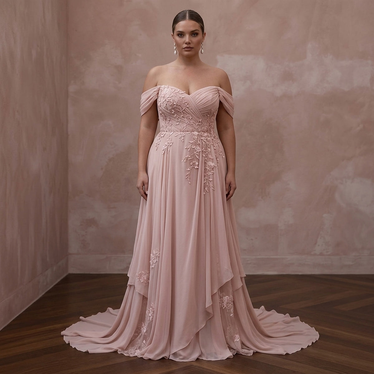 Plus Size Blush Pink Chiffon Off - the - Shoulder Beach Bridal Dress - Apparel & Accessories > Clothing > Wedding & Bridal Party Dresses > Wedding Dresses - Mignonette Bridal Main image
