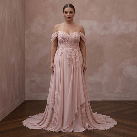 Plus Size Blush Pink Chiffon Off-the-Shoulder Beach Bridal Dress