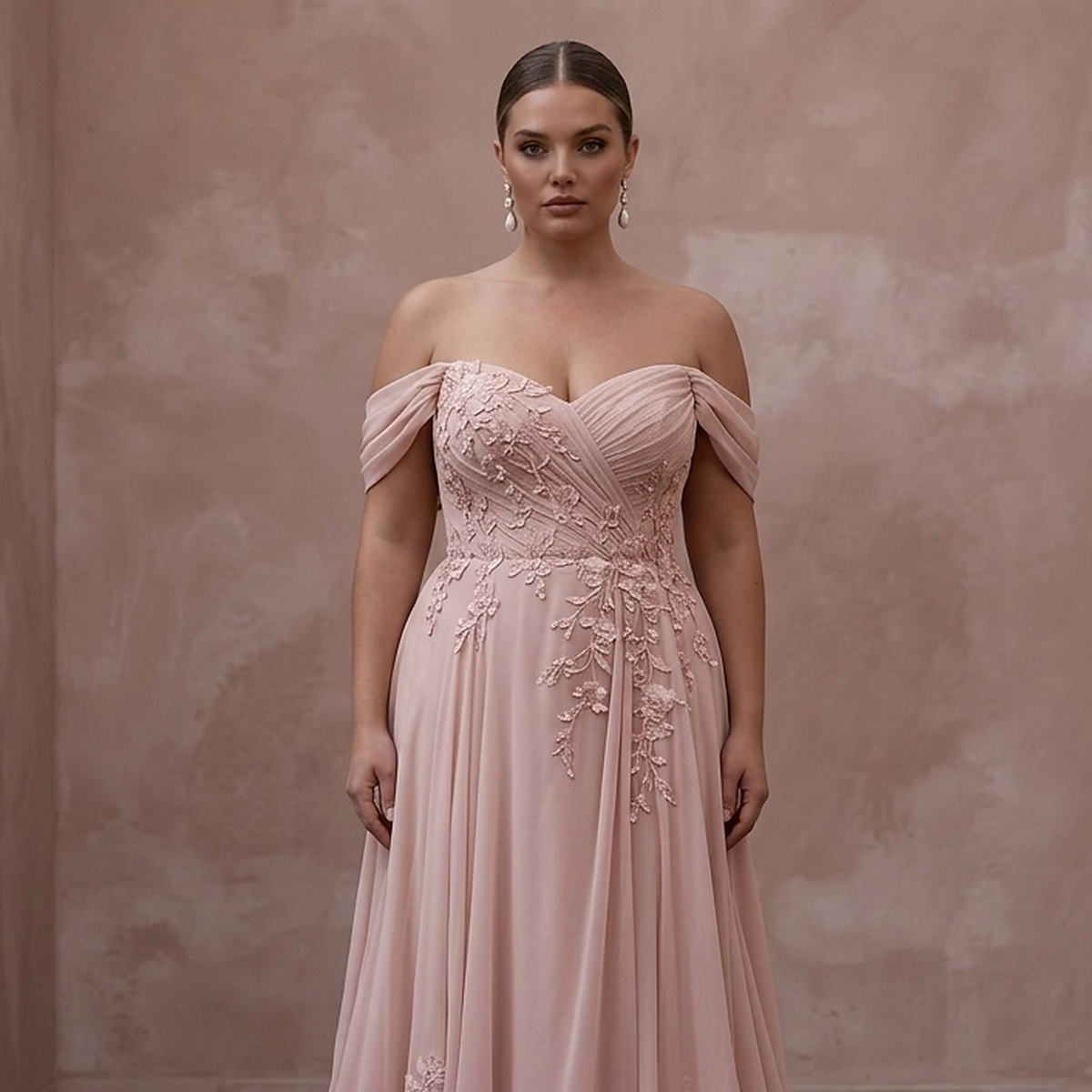 Plus Size Blush Pink Chiffon Off-the-Shoulder Beach Bridal Dress