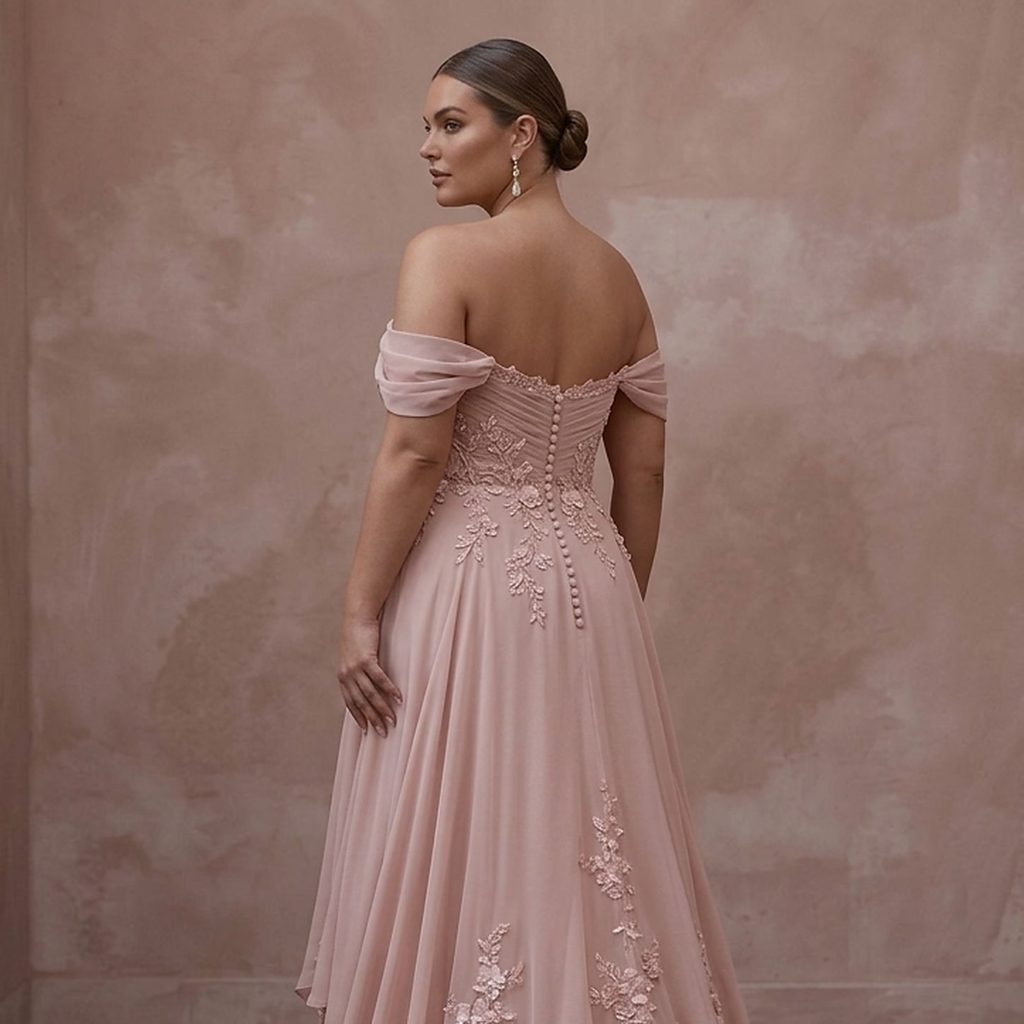 Plus Size Blush Pink Chiffon Off-the-Shoulder Beach Bridal Dress