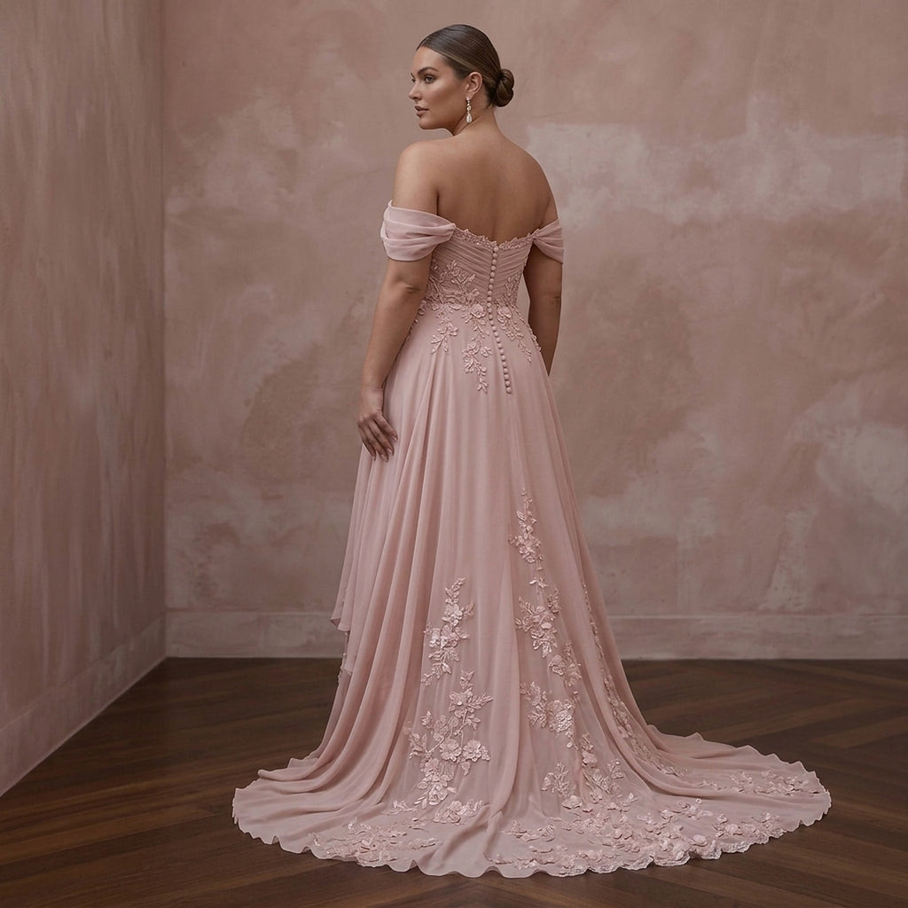 Plus Size Blush Pink Chiffon Off-the-Shoulder Beach Bridal Dress
