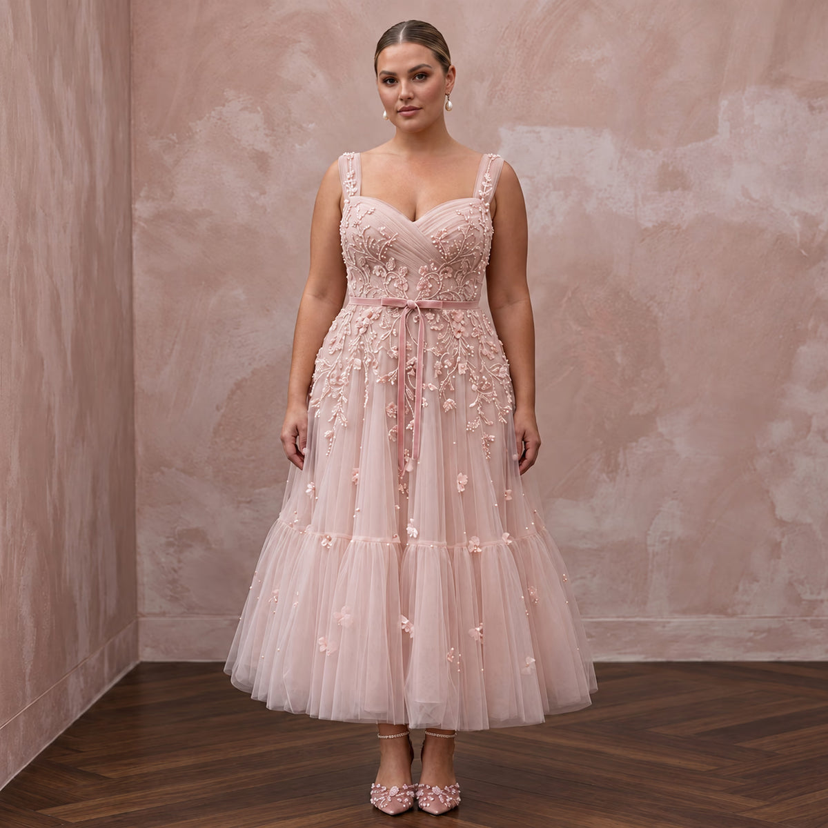 Plus Size Blush Pink Tulle Tea - Length Dress for Courthouse Wedding - Apparel & Accessories > Clothing > Wedding & Bridal Party Dresses > Wedding Dresses - Mignonette Bridal Main image