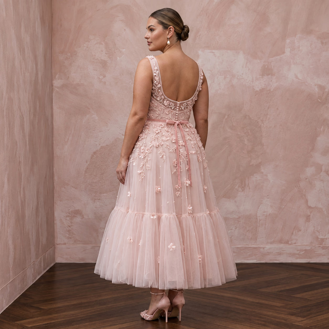 Plus Size Blush Pink Tulle Tea-Length Dress for Courthouse Wedding Secondary image