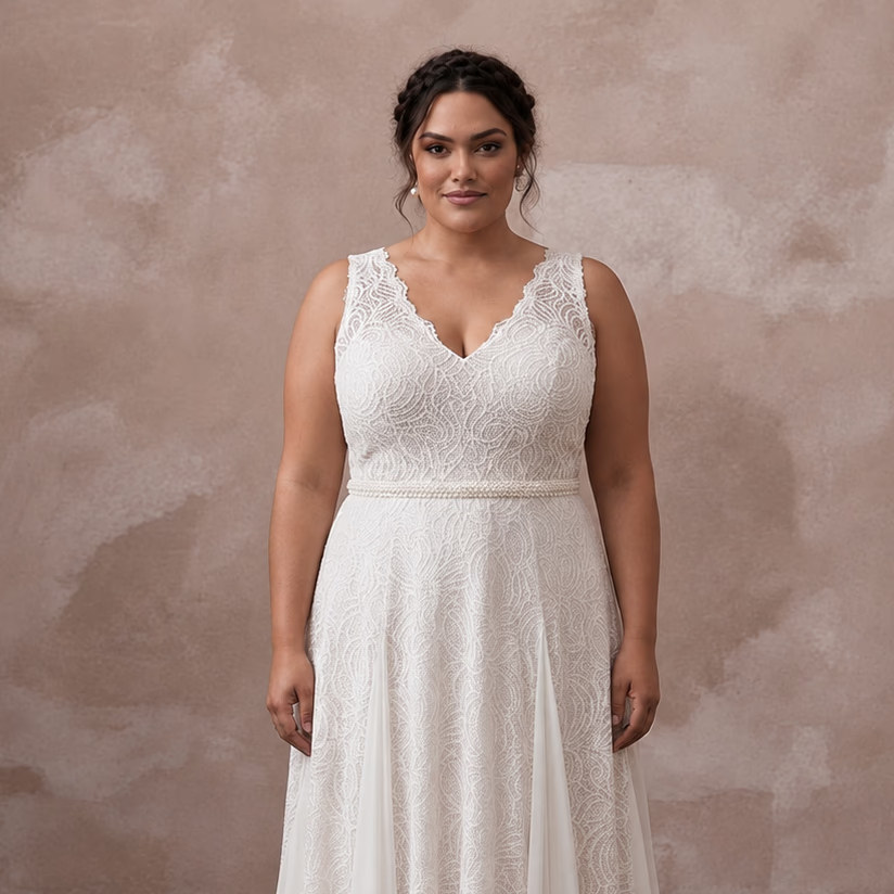 Plus Size Boho Lace Wedding Dress with Open Back