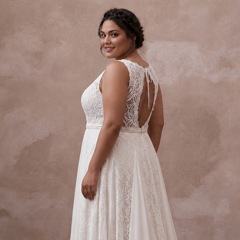 Plus Size Boho Lace Wedding Dress with Open Back