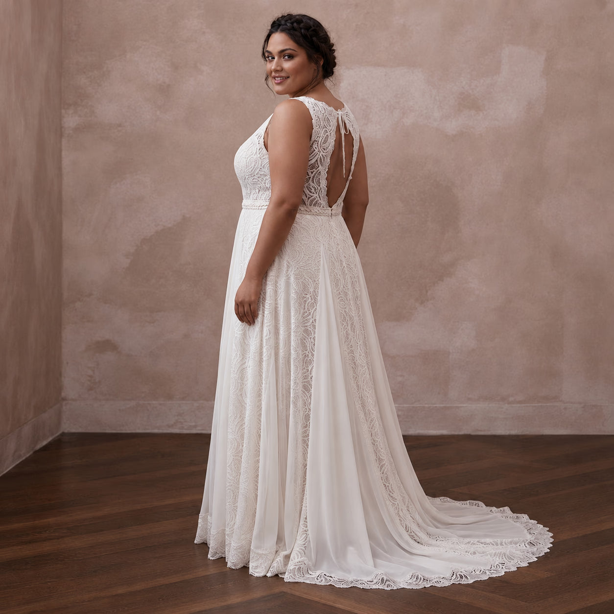 Plus Size Boho Lace Wedding Dress with Open Back