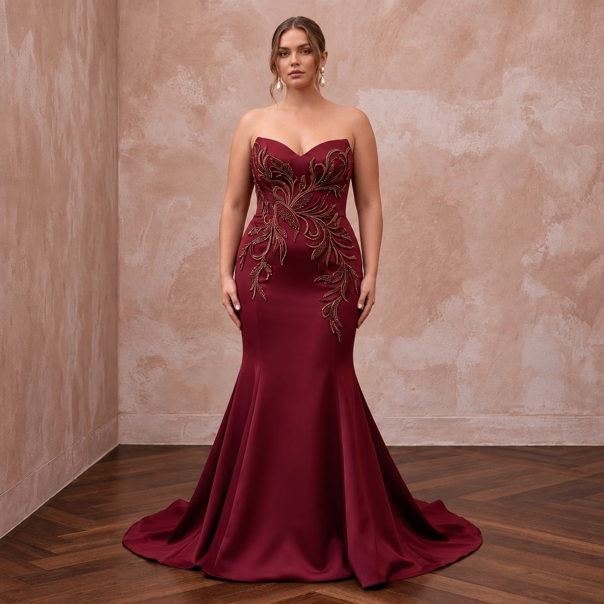 Plus Size Burgundy Heavy Matte Satin Sweetheart Mermaid Dress Main image