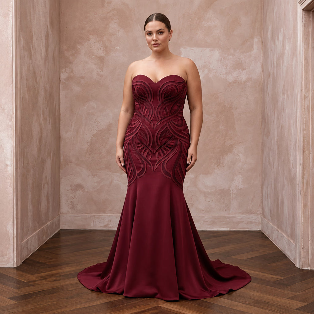 Plus Size Burgundy Heavy Matte Satin Sweetheart Mermaid Dress with intricate detailing, perfect for formal occasions.