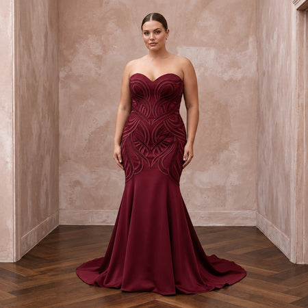 Plus Size Burgundy Heavy Matte Satin Sweetheart Mermaid Dress with intricate detailing, perfect for formal occasions.
