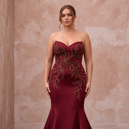Plus Size Burgundy Heavy Matte Satin Sweetheart Mermaid Dress