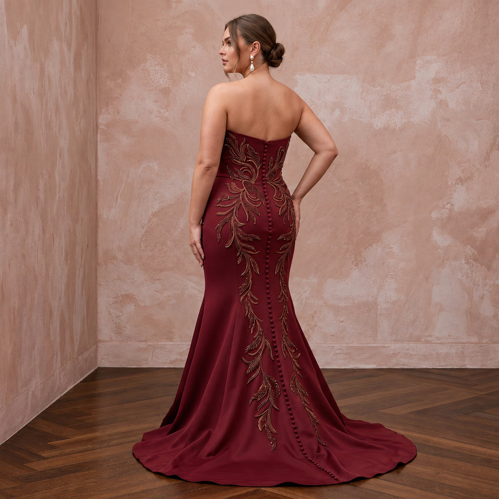 Plus Size Burgundy Heavy Matte Satin Sweetheart Mermaid Dress