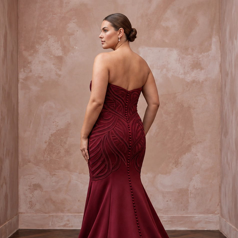 Plus Size Burgundy Heavy Matte Satin Sweetheart Mermaid Dress with intricate design and button details at the back.