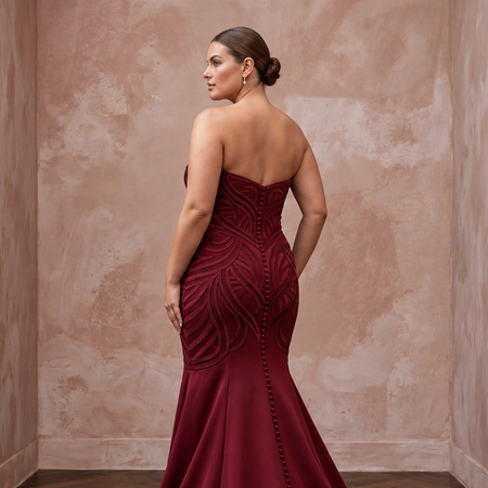 Plus Size Burgundy Heavy Matte Satin Sweetheart Mermaid Dress with intricate design and button details at the back.
