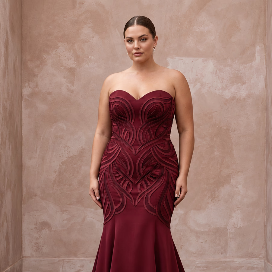 Plus size burgundy heavy matte satin sweetheart mermaid dress, featuring intricate curved design details.