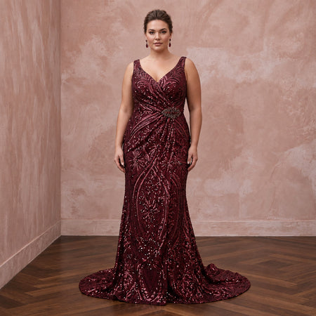 Plus Size Burgundy Sequin Faux Wrap Dress for Holiday Banquet - Apparel & Accessories > Clothing > Wedding & Bridal Party Dresses > Wedding Dresses - Mignonette Bridal