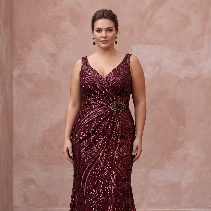 Plus Size Burgundy Sequin Faux Wrap Dress for Holiday Banquet - Apparel & Accessories > Clothing > Wedding & Bridal Party Dresses > Wedding Dresses - Mignonette Bridal