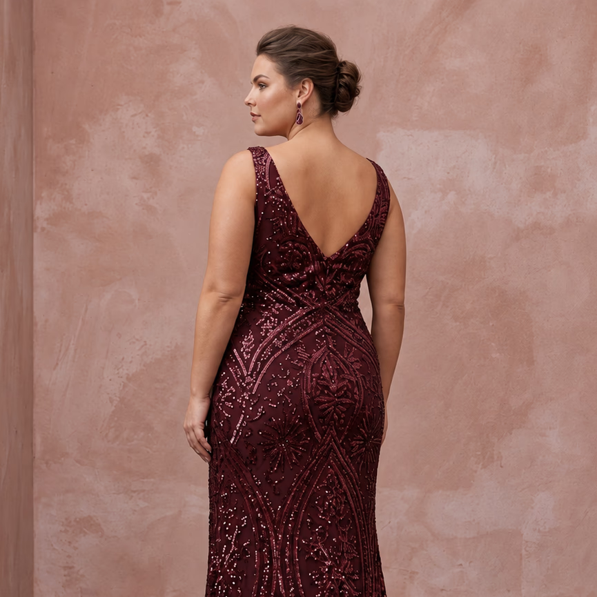 Plus Size Burgundy Sequin Faux Wrap Dress for Holiday Banquet - Apparel & Accessories > Clothing > Wedding & Bridal Party Dresses > Wedding Dresses - Mignonette Bridal