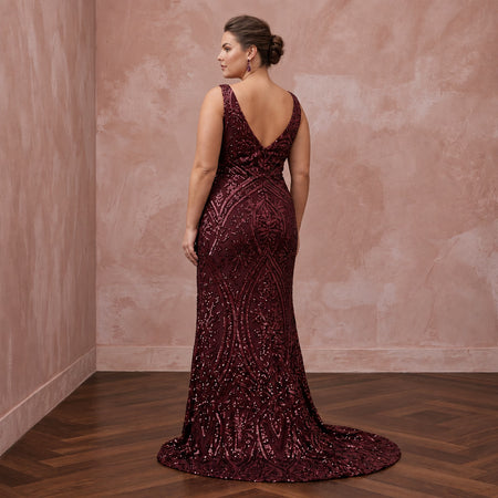 Plus Size Burgundy Sequin Faux Wrap Dress for Holiday Banquet - Apparel & Accessories > Clothing > Wedding & Bridal Party Dresses > Wedding Dresses - Mignonette Bridal