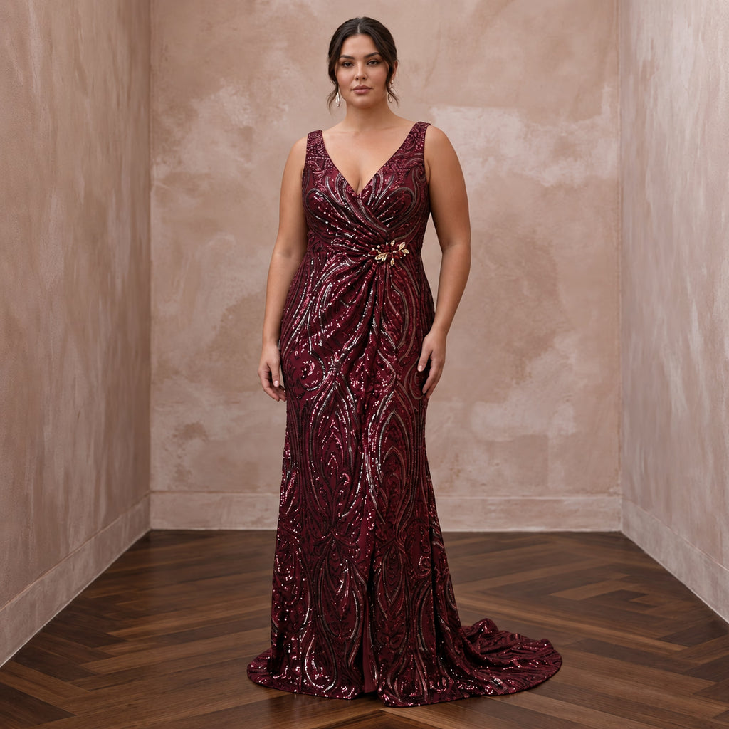 Plus Size Burgundy Sequin Wrap Dress for Holiday Banquet