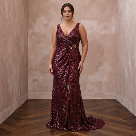 Plus Size Burgundy Sequin Wrap Dress for Holiday Banquet