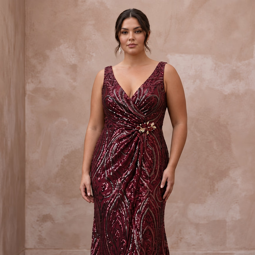 Plus Size Burgundy Sequin Wrap Dress for Holiday Banquet