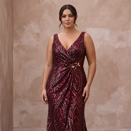 Plus Size Burgundy Sequin Wrap Dress for Holiday Banquet