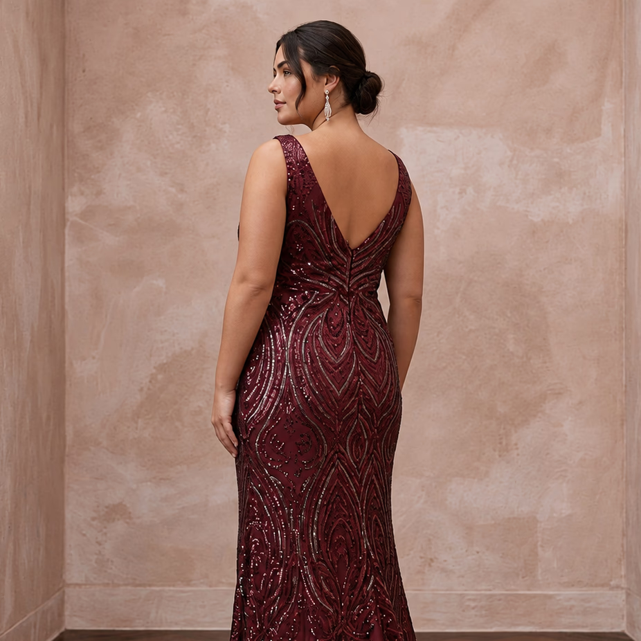 Plus Size Burgundy Sequin Wrap Dress for Holiday Banquet