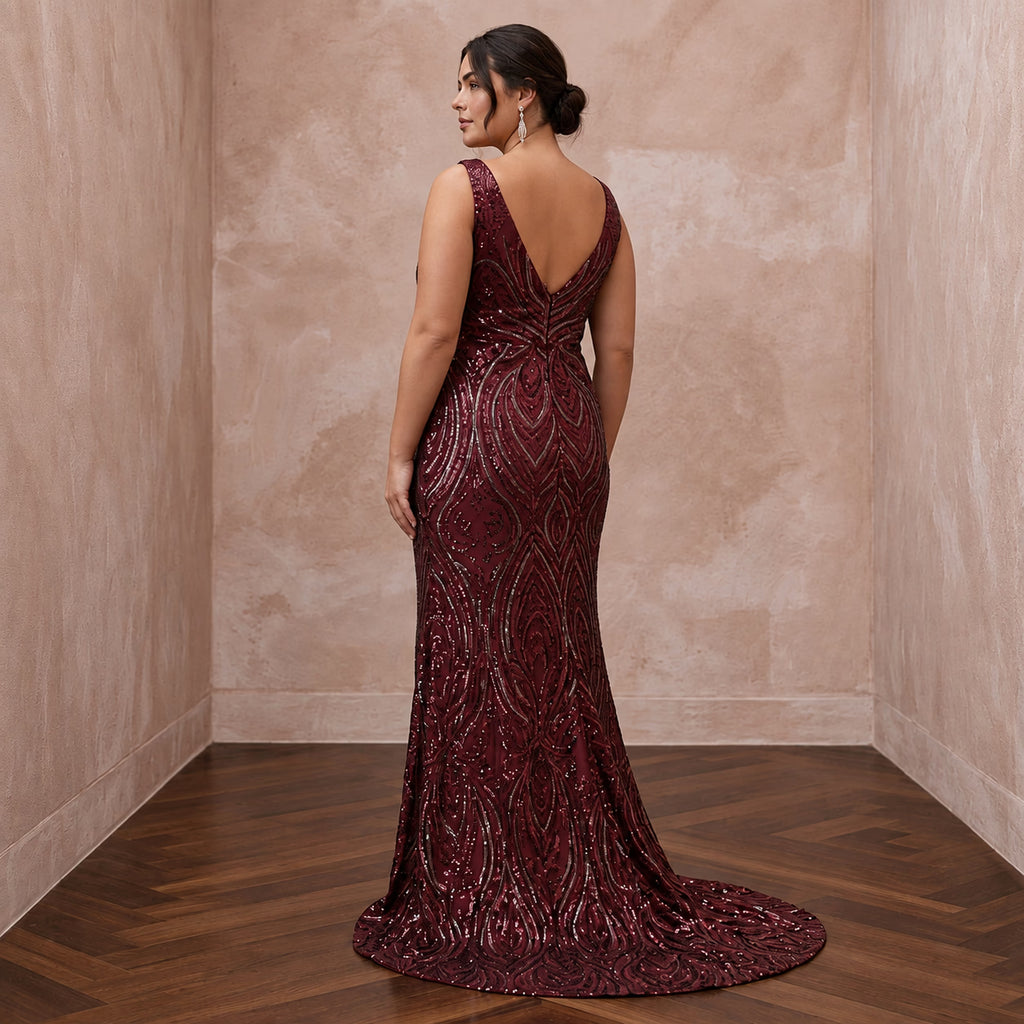 Plus Size Burgundy Sequin Wrap Dress for Holiday Banquet