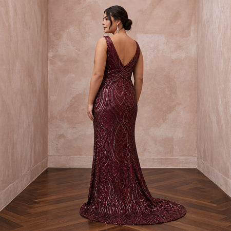 Plus Size Burgundy Sequin Wrap Dress for Holiday Banquet