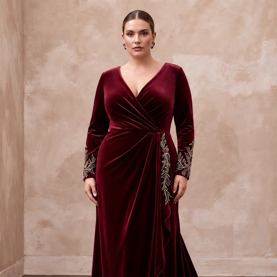 Plus Size Burgundy Velvet Long Sleeve Draped Wrap Maxi Dress