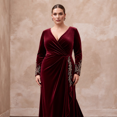 Plus Size Burgundy Velvet Long Sleeve Draped Wrap Maxi Dress