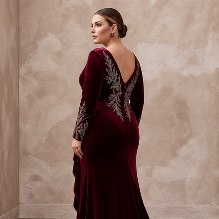 Plus Size Burgundy Velvet Long Sleeve Draped Wrap Maxi Dress