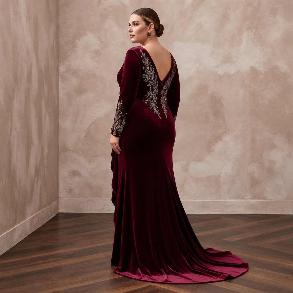 Plus Size Burgundy Velvet Long Sleeve Draped Wrap Maxi Dress
