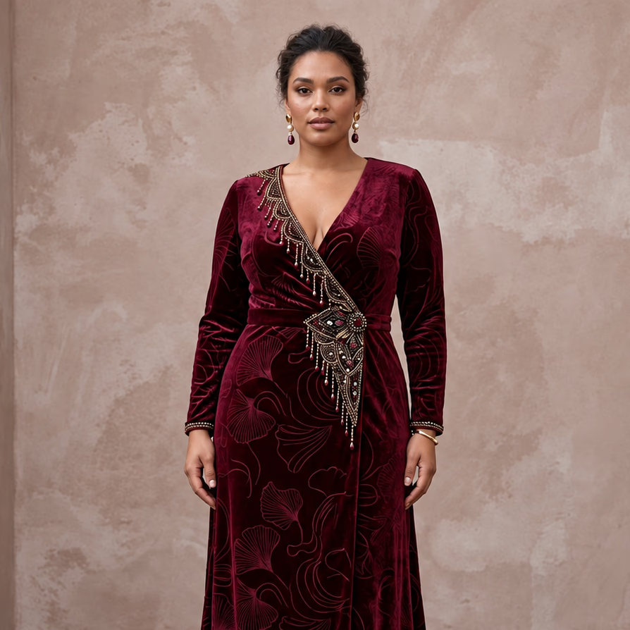 Plus Size Burgundy Velvet Wrap Maxi Dress for Winter Formal Event - Apparel & Accessories > Clothing > Wedding & Bridal Party Dresses > Wedding Dresses - Mignonette Bridal